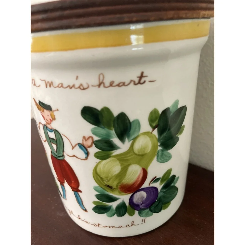 Vtg Bauer Pottery Kitchen‎ Canister Way 2 Mans Heart Thru Stomach Kitsch Motto